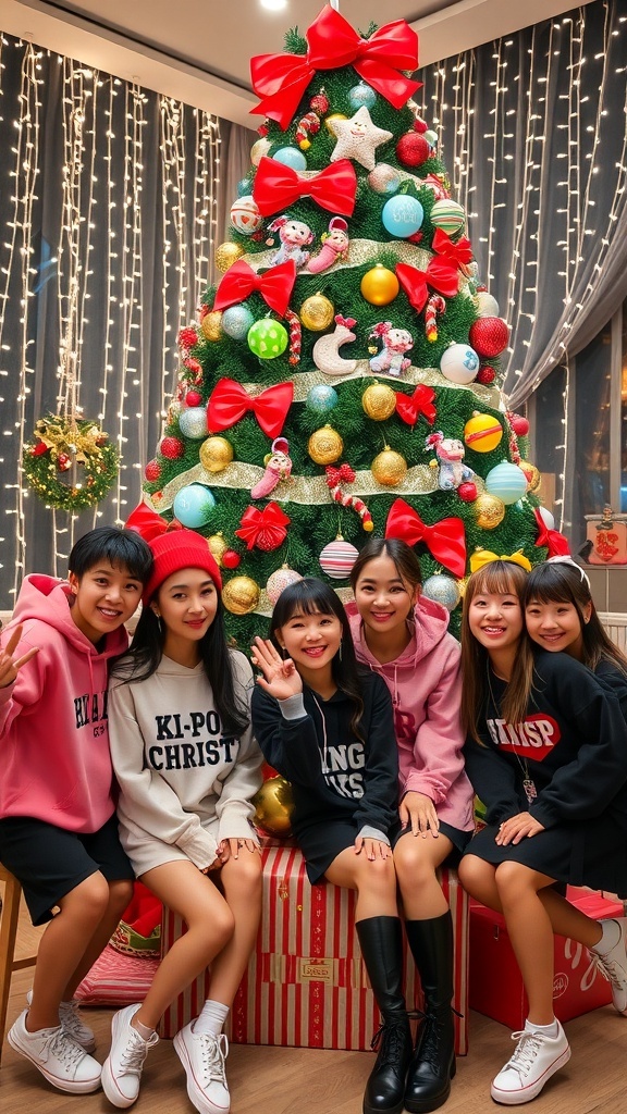 A group of friends celebrating Christmas with K-Pop themed decorations and outfits, surrounded by a decorated tree and festive lights.